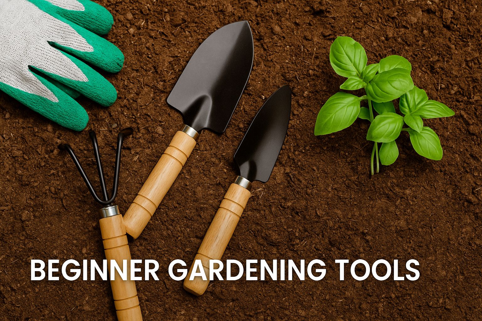 beginner gardening tools like a trowel, cultivator, gloves, and a basil plant on soil, with overlay text ‘Beginner Gardening Tools’ — Urban Plant.